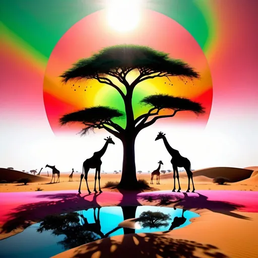 Prompt: create a hyper realistic image of a vibrant and mystical scene featuring a radiant big with broad 3D tree with vibrant red orange green pink yellow colours light reflection  from its top ,set against a backdrop of mid noon clear sky; silhouettes of giraffes are gracefully walking towards the illuminated tree, and the ground is marked with desert sand waves patterns, ultra HD 64k hyperrealism light reflection