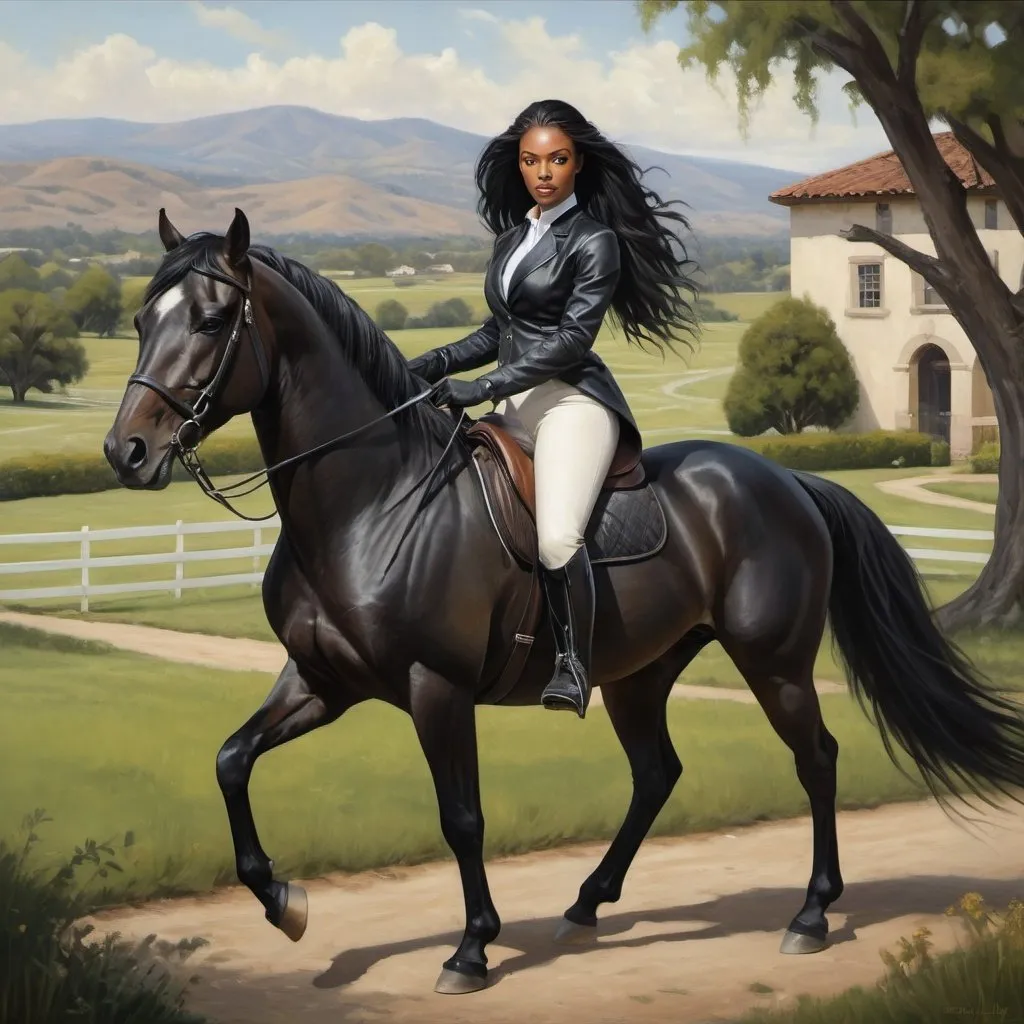 Prompt: 8K 300 DPI oil painting, realistic style. A full-length portrait of a confident African American woman with long, black hair styled in a high ponytail. She's dressed in a fitted black riding jacket and jodhpurs, holding a riding crop in one hand. Her other hand rests on the back of a magnificent black stallion with a flowing mane and tail. The background depicts a vast green horse ranch with rolling hills and a grand estate in the distance.
