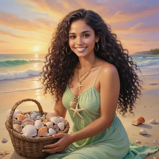 Prompt: 4k glossy oil painting: Latino beach collector (light skin), a radiant smile, gathers seashells in a woven basket at dusk.Long black curly hair adorned with starfish charms. Flowing light green sundress. Delicate gold necklace with tiny shell. Barefoot in warm sand. Beach bathed in fiery light, waves lap at shore. Beach adorned with colorful towels, seashells.
