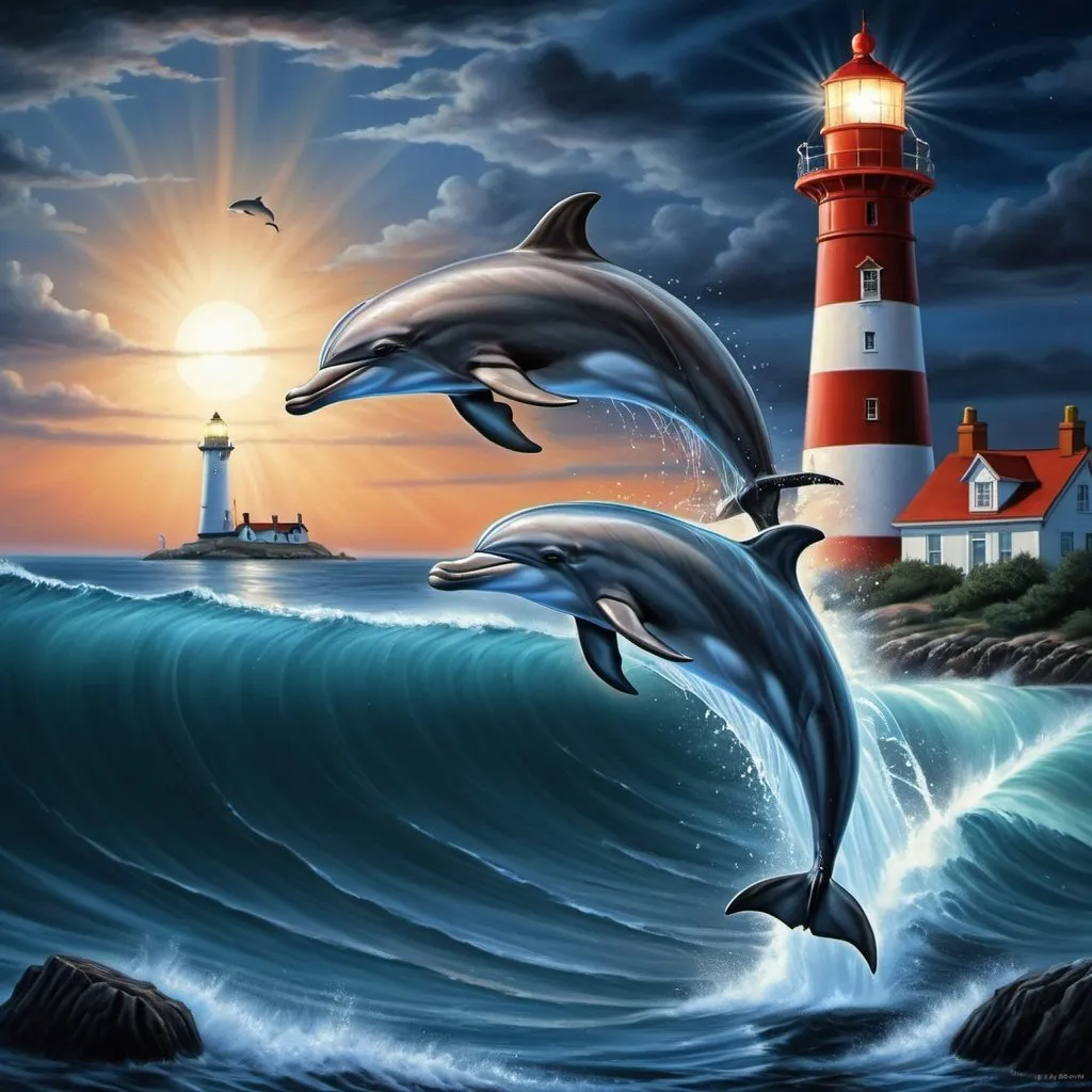 Prompt: two dolphins jumping out of the water near a lighthouse with a light house in the background at night time, Anne Stokes, fantasy art, wallpaper, an oil painting