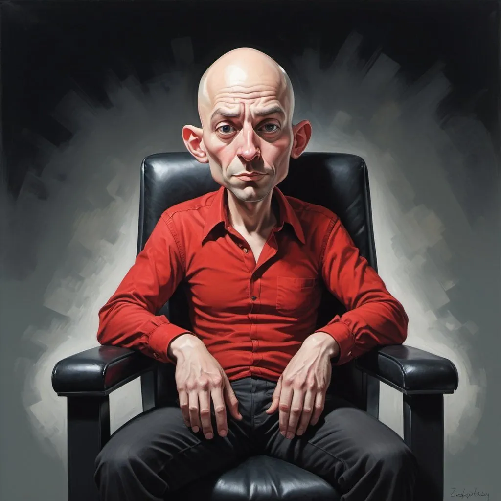 Prompt: whimsical caricature art of a bald man in a red shirt sitting in a black chair with his head turned to the side and his eyes wide open, Dmitry Levitzky, precisionism, zabrocki, a character portrait
