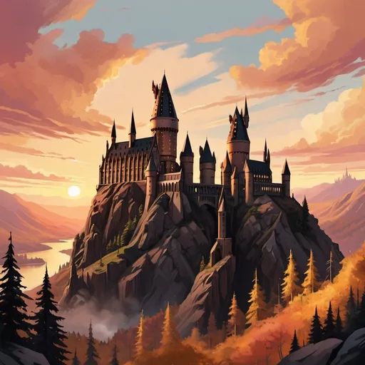 Prompt: digital artwork of Hogwarts matching the color palette of a sunset with golden hues, stone walls, spires, rocky cliffs, pine forest, and vibrant sky in a 9:16 ratio formatted to fit a phone's background.