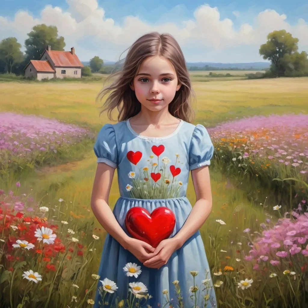 Prompt: a painting of a girl in a field with flowers and a heart shaped painting on the wall behind her, artist, metaphysical painting, professional digital painting, a fine art painting