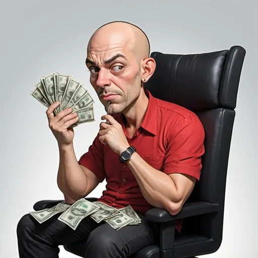Prompt: Digital caricature art of a bald man in a red shirt sitting in a black chair with his head turned to the side and his eyes wide open.In front of him is a table with a pile of money on it.  He holds a cell phone to his ear with one hand, and grabs the money with the other.  He has a greedy expression on his face. precisionism, zabrocki, a character portrait
