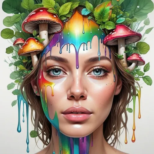 Prompt: Design a surreal portrait of a face where the skin appears metallic and reflective. Adorn the face with vibrant and colorful elements such as dripping rainbows, glowing mushrooms, and lush greenery. Strive for a harmonious blend of technology and nature.”