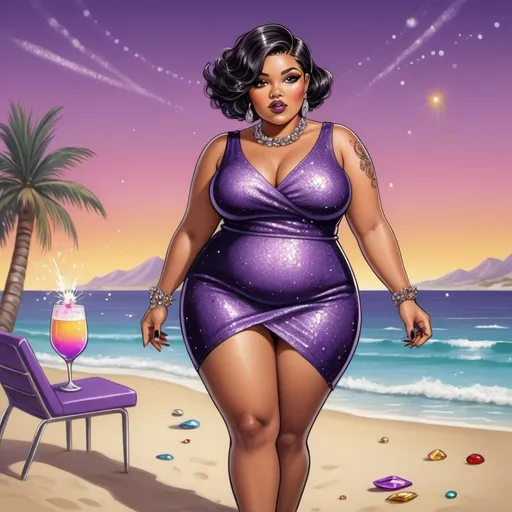 Prompt: Whimsical caricature of a chubby light brown skin European woman, flawless makeup,almond shaped eyes,classic volume eyelashes,black intricate short stylish hair, manicured sassy nails with colorful gems.wearing a purple sleeveless party dress,diamond high heels, gold Chanel jewelry, shes on the beach party,urban pose.ombré glitter explosions in the background,tattoos on arms,graphic t-shirt design