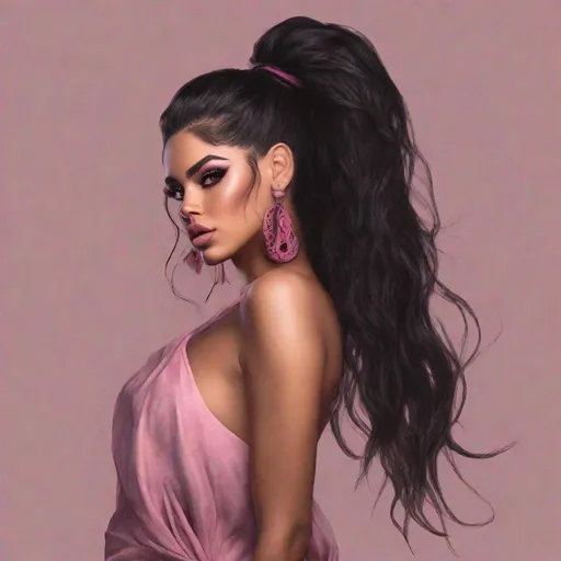 Prompt: create a hyper realistic Latina with long tousled black hair with pink tips half up in a messy bun, big hazel eyes, smoky eye makeup, long wispy lashes, glossy mauve lips, lip piercing, tattoos, wearing Clasi Women's One-Shoulder Sleeveless Maxi Dress With Slit Hem And Drape Neckline with gladiator heels, full body view, standing on a yacht looking over the ocean, the suns hitting her tanned skin causing an ethereal glow