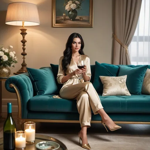 Prompt: Create a hyperrealistic,oil painting ,8K,  luxurious and cozy living room setting in teal and gold tones, where a beautiful girl with black long hair and big light green eyes is relaxing on a plush sofa, holding a smartphone in one hand and a glass of wine in the other.She wearing a modern beige jumpsuit with matching stiletto high heels. The room is adorned with decorative elements like cushions, curtains, lamps, and flowers, creating an aesthetic and inviting atmosphere. A small table beside the sofa holds a wine bottle and an extra glass, suggesting a relaxed evening. Two bowls filled with ornaments or decorative items add to the opulence of the scene.