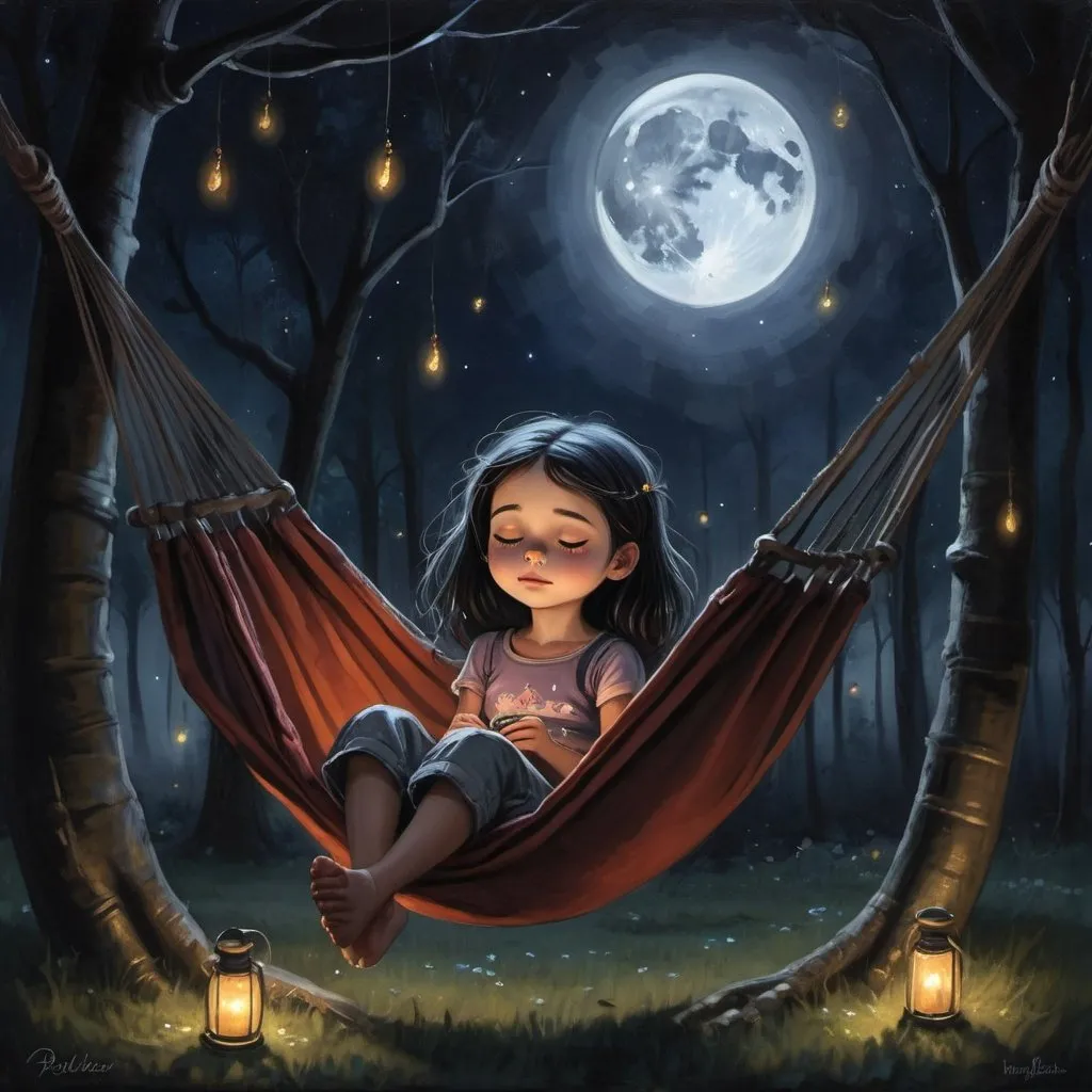 Prompt: a painting of a little girl sitting in a hammock with her eyes closed and her hair tied back, gothic art, grunge, a fine art painting, Pixar style ,her expression to be serene and dreamy,moonlit night scene,glowing fireflies around the hammock