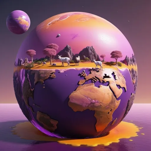 Prompt: A new planet similar to Earth, with botany in purple and pink shades, water in orange and yellow tones, with animals, 3D, 48K resolution