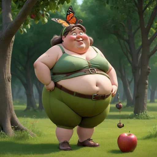 Prompt: prompt: Create Pixar-style 3D images of an out-of-shape chubby woman with a bulbous nose, her chin pulled slightly forward, walking with one foot lifted off the ground, one hand on her chin, the other outstretched, wearing knickerbockers Brown, a tunic in green, a belt made of apples and a hook hanging from it, has very messy tangled gray hair, with a headband (butterfly shape), smokes a pipe, stands on a green lawn, looks very grim Pixar style, hyperrealistic, glowing Colors, lots of details, jumps off the screen, 4K UHD resolutio