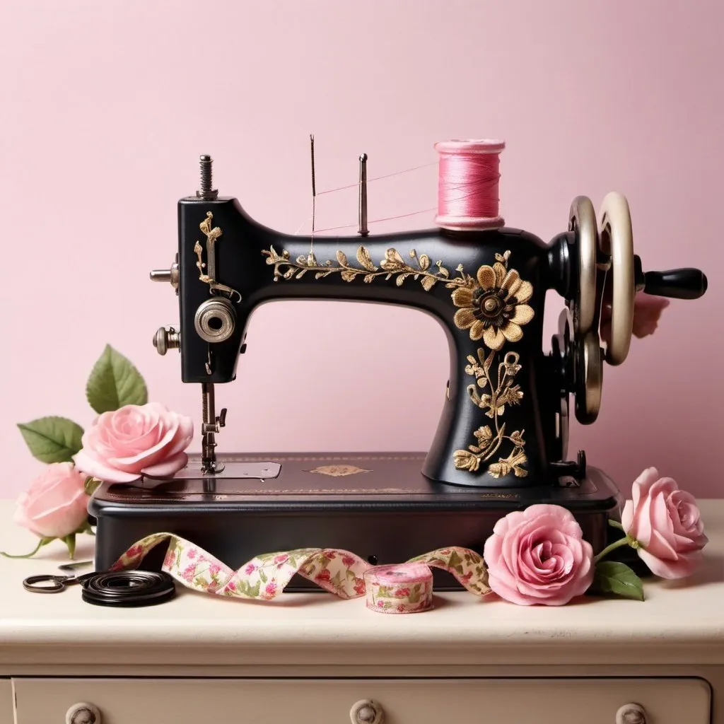 Prompt: Prompt:
Create a 3d image contains a vintage sewing machine with black and gold accents. The machine is decorated with flowers and vines, and a spool of thread is on the needle. The machine is sitting on a table with two pairs of scissors and a tape measure on the table. The background is a pink gradient, and the image has a soft, romantic feel to it and the name ERIKA over the sewing machine.