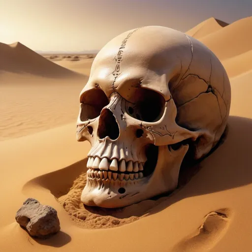 Prompt: imagine the desert sand forming an extraordinarily large screaming skull, hyper detailed with intricate and complex shapes, UHD, ultra realism, digital airbrush art, masterpiece, 32k,the color of the sand to crimson red,the shape of the eye sockets to resemble flames,a sandstorm swirling around the skull, explorers walk around the skull, the explorers look like they're searching for treasure, one of the explorers hold a map or compass, one of the explorers' expressions to be more determined, the other explorers look worried or fearful, the sandstorm to be more intense. Add a few ancient relics buried in the sand. one of the relics glow mysteriously. Add a partially buried statue with missing limbs.the explorers' footprints to be visible in the sand. Add a few scorpions crawling near the footprints.