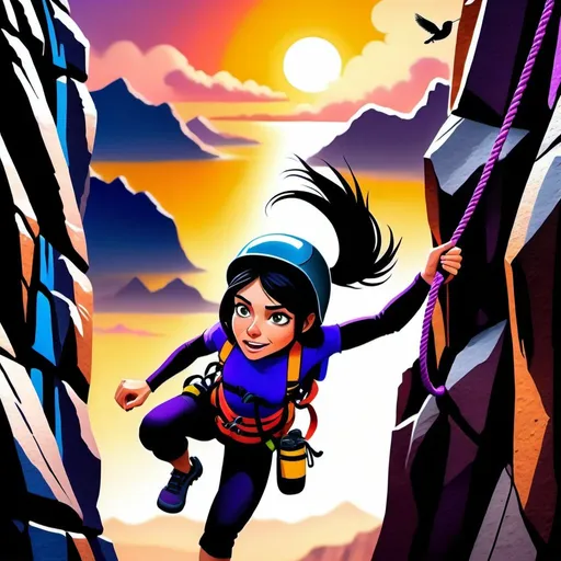 Prompt: A hyperrealistic 8K image of a beautiful woman whit long straight black hair and grey eyes, rock climbing, with well-defined and tense muscles, showing tension in her facial expression with gritted teeth as she climbs, equipped with safety gear, and making their way up a steep cliff. The climber should be wearing a purple helmet and harness, dressed in yellow and purple clothing, and holding onto a grey rocky surface. Include a red safety rope attached to the climber’s harness against a vibrant and dramatic sunset background to highlight the climber. Add tiny details like sweat on the climber's forehead, and show the strain in their neck and jaw muscles. Include silhouettes of distant mountains or trees with some birds flying near them, a small waterfall in the distance, and a few birds flying near the waterfall.