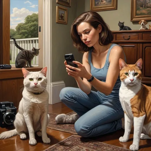 Prompt: a woman taking a picture of herself with her phone with a dog and cat on the other side of her, F. Scott Hess, fantastic realism, highly detailed digital painting, an oil painting