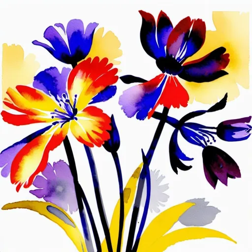 Prompt: PROMPT: Watercolor painting of three flowers. The flowers are in various stages of bloom, with the yellow one appearing fully open, while the other two are more closed. The stems are a soft gray, and the background is a light purple that transitions to a white on the right side, dark gray letters above the flowers, ultra detail, hyper realistic, 4k, --aspect 7:4