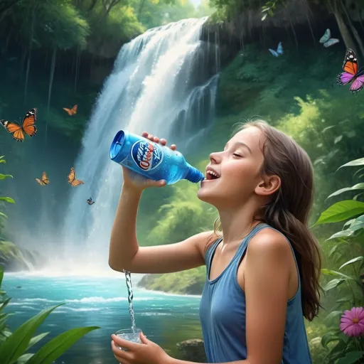 Prompt: “A surreal scene where a beautiful young girl hand pours water from a blue colour soft drink bottle starting point of the falls, , her face in happy expression, transforming it into a magical waterfall amidst lush greenery, with tiny people enjoying and swimming around.” background forest  grasses, colourful flowers, butterflies, ultra HD 64k hyperrealism