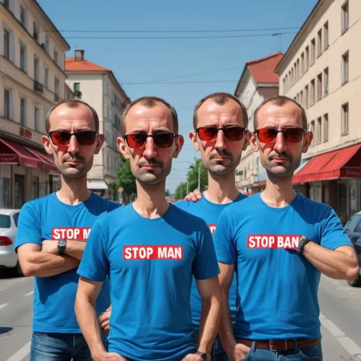 Prompt: Whimsical caricature art of three men with very short hair in blue shirts.The t-shirts have the inscription "STOP BAND". One man have sunglasses with red lenses. Two man don't have the sunglasses.All three standing in front of a street with cars and buildings in the background. Avgust Černigoj, les automatistes, zabrocki,HDR,300DPI 