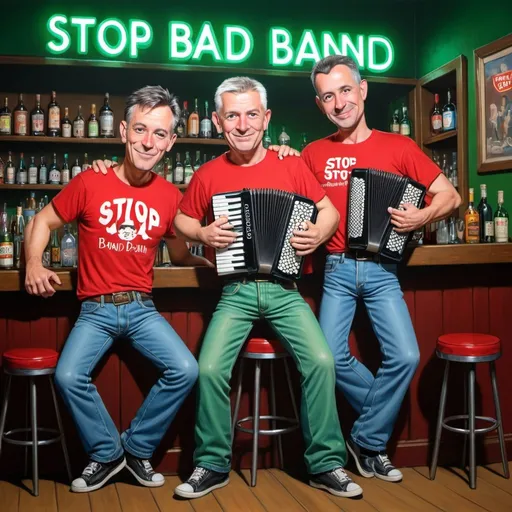Prompt: Whimsical caricature art, one man with brown short hair in red T-shirt with the inscription "STOP BAND" are holding and playing an accordion, two men with very short straight, spiked silver hair in red T-shirt with the inscription "STOP BAND" standing behind him,one of two  man squats on the top of the bar.All three are wearing jeans and posing for a picture together in a room with a bar and a green light behind them,zabrocki,HDR,300DPI, a character portrait, style of the Richard avedon,8k resolution
