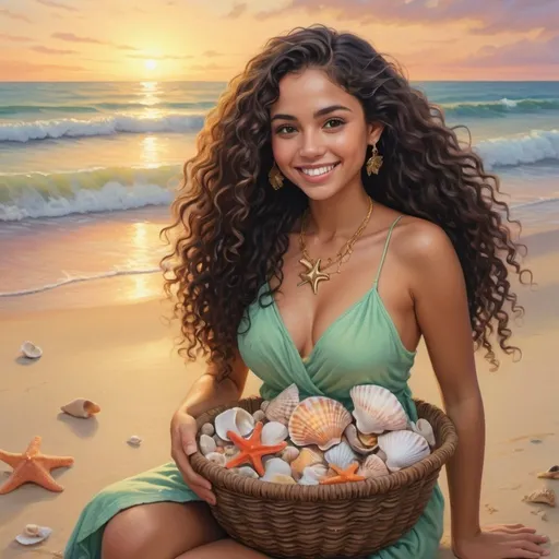 Prompt: 4k glossy oil painting: Latino beach collector (light skin), a radiant smile, gathers seashells in a woven basket at dusk.Long black curly hair adorned with starfish charms. Flowing light green sundress. Delicate gold necklace with tiny shell. Barefoot in warm sand. Beach bathed in fiery light, waves lap at shore. Beach adorned with colorful towels, seashells.
