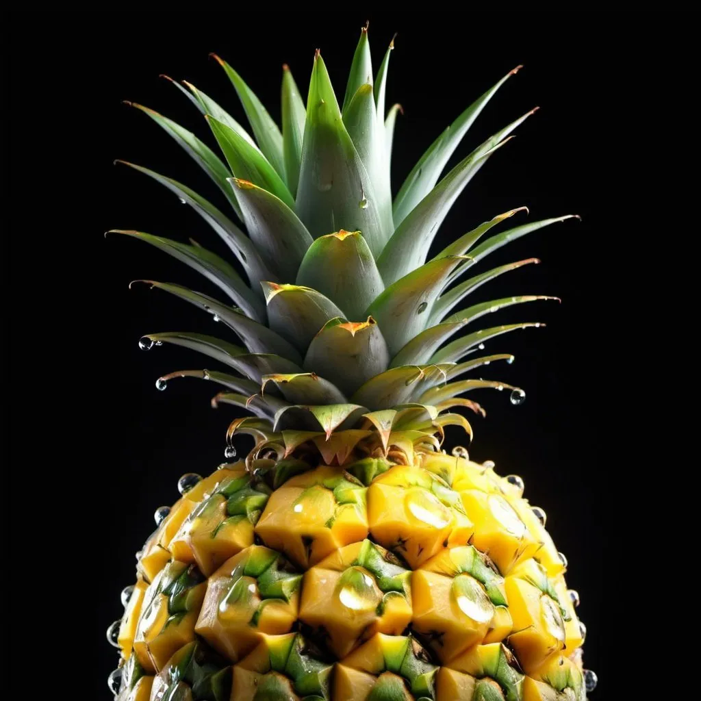 Prompt: Translucent half pineapple, super imposed, back lightning, water drops on the fruit, studio lightning,gradient black background , ultra HD 64k resolution hyperrealism --s 500