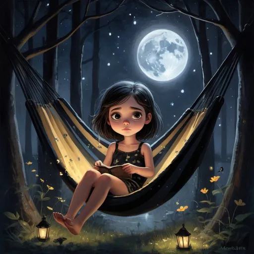 Prompt: a painting of a little girl sitting in a hammock with her eyes open and her hair tied back, gothic art, grunge, a fine art painting, Pixar style ,her expression to be serene and dreamy,moonlit night scene,glowing fireflies around the hammock