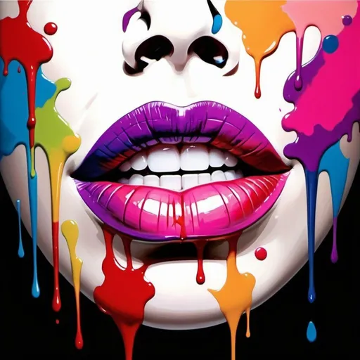 Prompt: Create an image of vibrant, colorful lips, stylized with musical elements. The lips are slightly parted in the center, revealing a hint of teeth. The style is a blend of realism and surrealism, with the lips highly detailed and shaded to convey volume and texture. Both the upper and lower lips have a high gloss, suggesting moisture. The colors of the lips transition smoothly from purple to pink to orange, emulating the look of a colorful gradient. Musical notes and symbols such as treble clefs and eighth notes are intricately intertwined with the lips' lines, some in solid black and others filled with the gradient colors.

The background is stark white but erupts into a myriad of bold, electric colors around the lips, featuring splashes and drips of paint that give the piece a dynamic, street-art feel. These vibrant splatters are in red, blue, green, yellow, and pink, with black accents that enhance their intensity. The lower part of the image has more significant paint drips, elongating towards the bottom.

The artwork emanates energy and rhythm, seemingly translating the music into visual form. The composition is centrally focused on the lips, with the background abstract elements radiating outward, creating a sense of movement. An artist could recreate this by starting with a detailed drawing of realistic lips, then infusing them with the outlined musical symbols, and finally adding the vividly colored paint splatters and drips to complete the composition.