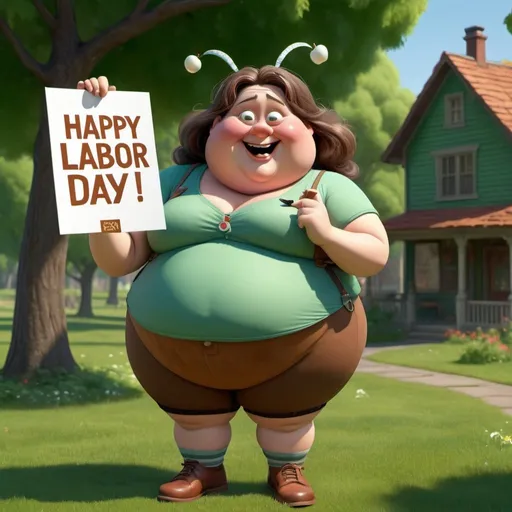 Prompt: prompt: Create Pixar-style 3D images of an out-of-shape chubby woman with a bulbous nose, her chin pulled slightly forward, walking with one foot lifted off the ground, one hand on her chin, the other outstretched and she is holding a poster with the inscription: "Happy Labor Day!",wearing knickerbockers Brown, a tunic in green, a belt made of apples and a hook hanging from it, has very messy tangled gray hair, with a headband (butterfly shape), smokes a pipe, stands on a green lawn, looks very grim Pixar style, hyperrealistic, glowing Colors, lots of details, jumps off the screen, 4K UHD resolution