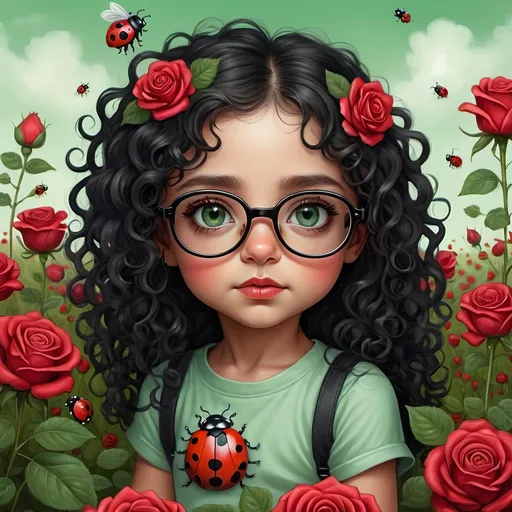 Prompt: Highly detailed digital painting of a cute little girl with long black curly hair and green eyes, wearing glasses, sitting on a field of roses with a little ladybug on her head, pop surrealism, fine art painting, detailed hair, green eyes, glasses, ladybug, roses, surreal, digital painting, highly detailed, pop surrealism, fine art, cute, detailed