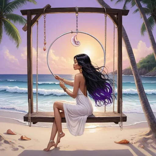 Prompt: Create a digital artwork , featuring a Southeast Asian woman with long, jet black hair cascading down her back with vibrant purple streaks. barefoot, with large silver hoop earrings and a delicate anklet with a seashell charm. Give her warm brown eyes with a touch of gold eyeshadow and full, natural lips. Dress her in a flowy white maxi dress, sitting on a white swing overlooking a tropical beach at sunset.
