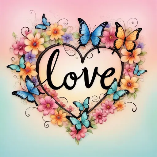 Prompt: Prompt:

Whimsical, airbrush oil ink. Against a pastel colors background, there are a few very colorful butterflies. In the center, there is a Infiniti image surrounded by colorful floral designs. The text “LOVE” in a beautiful script font is displayed upon the heart image,
3D,HD.