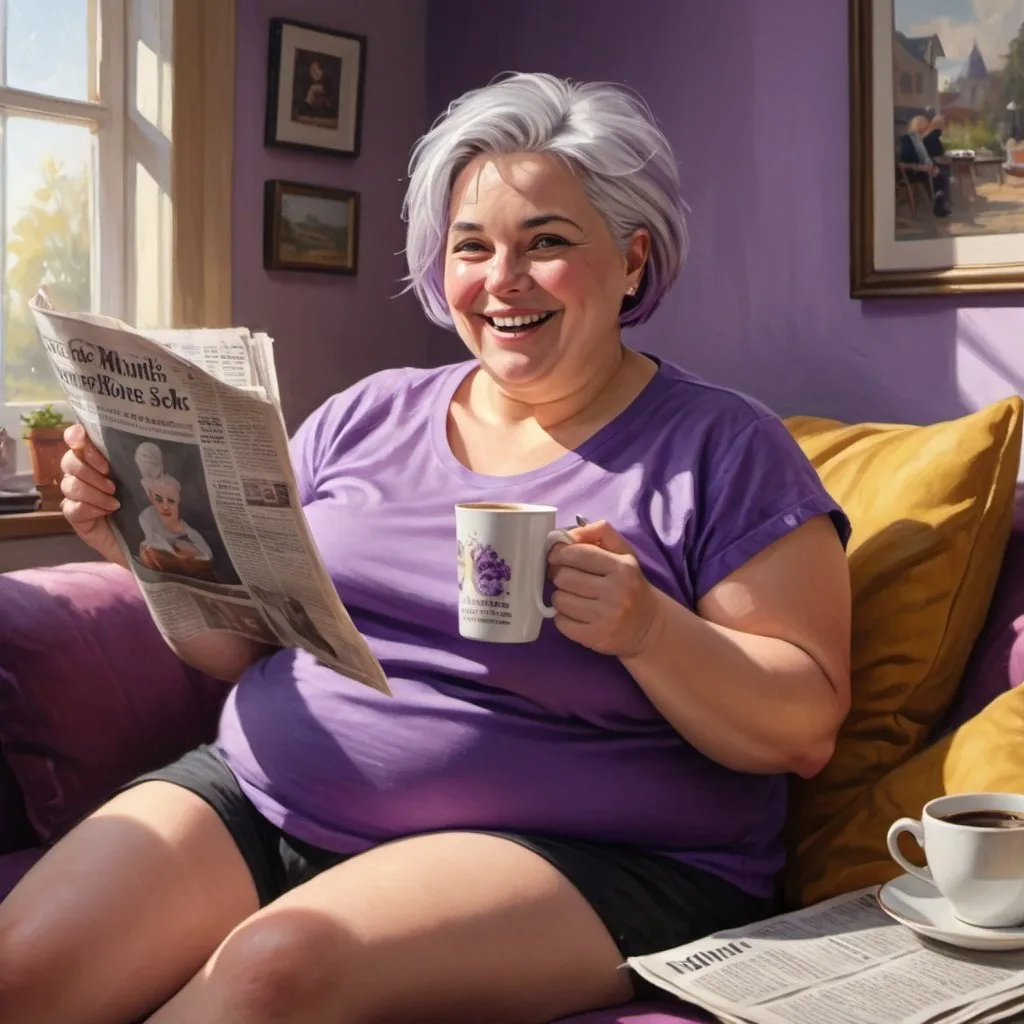 Prompt: 4k glossy oil painting of a joyful middle aged chubby light skin European woman with short straight spiked, silver hair, cut above one ear, holding a steaming cup of coffee and a newspaper. She's wearing a saten violet cozy T-shirt and slippers, relaxing in a sunlit living room. Text on the newspaper reads "Mariborske Novice" Full body view.