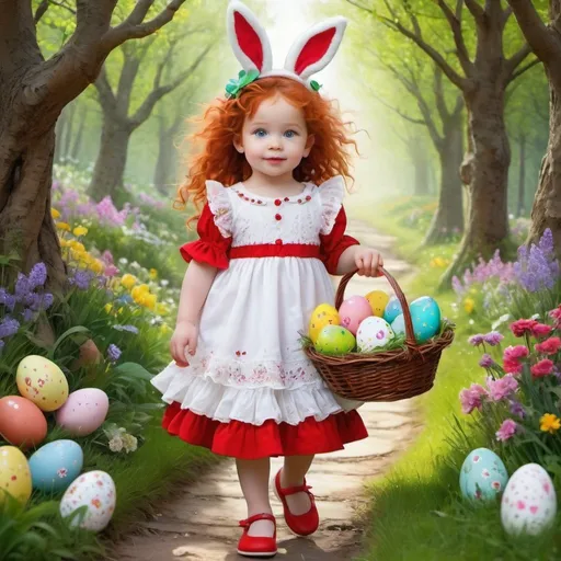 Prompt: pormpt: Create a hyper realistic, whimsical, centered, cute European 2 year old, green eyes, holding an easter basket filled with eggs, long vibrant red curly hair, dressed in bright red and lime green dress with layers of ruffles and lace, matching shoes, hair accesories,prancing down a lane, hiding eggs behind the flowers and trees, background of Fluffy White easter bunny, woods, path and flowers, vibrant colors, vivid details, in the style of Josephine wall.