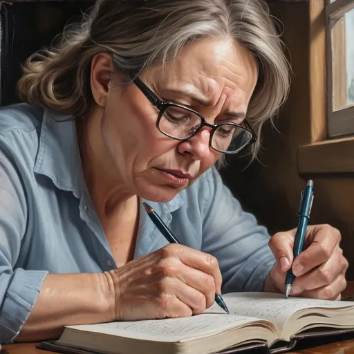 Prompt: Photorealistic Close-up View of a Middle-aged Woman With Glasses. She's Writing in a Journal, a Tear Rolling Down Her Cheek. A Photograph Tucked Inside the Journal Shows Her Husband, Who Appears Ill.glossy Oil Painting