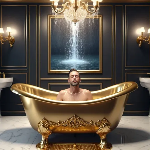 Prompt: Imagine a surreal artwork that combines an oversized, highly detailed glossy golden shoe bath tub with a modern and elegant bathroom setting. a man bathing in the tub his two hands spreading on the bathtub, close up face, filling with water by a intricate tap, water flow to be shown,ultra HD 64k hyperrealism studio lightning