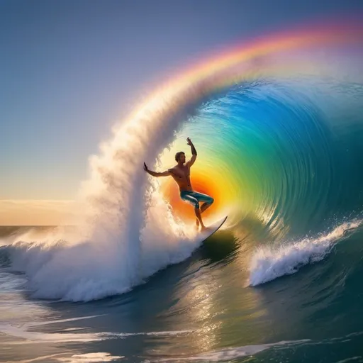 Prompt: 🧞‍♂️ A friendly genie emerges from an ancient lamp, granting wishes with a mischievous twinkle in his eye.

🧞‍♀️ A curious fairy flits nearby, her wings shimmering with iridescent colors. She’s the keeper of secrets and magical knowledge.

🏄‍♀️ On the horizon, a daring surfer rides a rainbow wave. The spray of water catches the sunlight, creating a dazzling display.