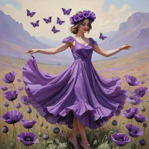 Prompt:  an oil painting of a lady in Purple dancing in a dress made of purple poppies with a purple poppy flower crown and purple butterflies