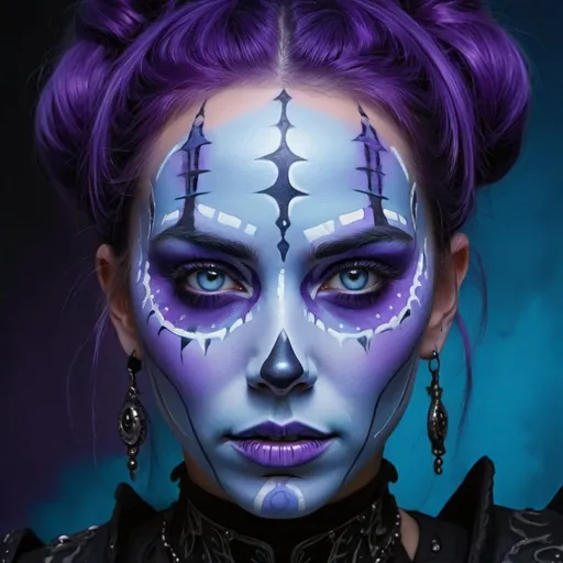 Prompt: a woman with a purple and blue face paint on her face and her eyes are blue and there is a purple background, Android Jones, gothic art, highly detailed digital painting, an airbrush painting