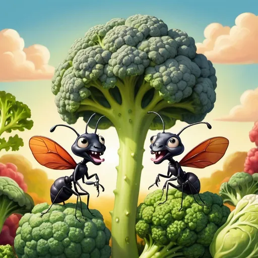 Prompt: "An image of a two whimsical ants  perched on a vibrant cauliflower and  broccoli, where the cauliflower and broccoli  possesses an animated mouth playfully extending its tongue to lick the two ants. The ants reacts with laughter. This scene is set against a warm, sunlit summer landscape. The artwork is to be rendered in a digital airbrush style, emphasizing vivid colors and a caricature-like exaggeration of features, aiming for a dynamic and engaging depiction that captures the light-hearted and playful interaction between the two main subjects."