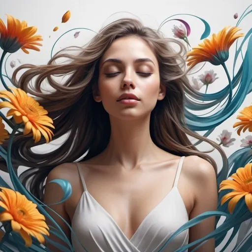 Prompt: Create a harmonious blend of abstract flowing lines of a beautiful young woman and realistic flowers, where the lines morph into the shapes of the women of flowers, illustrating a dance between abstraction and realism ultra HD 64k hyperrealism