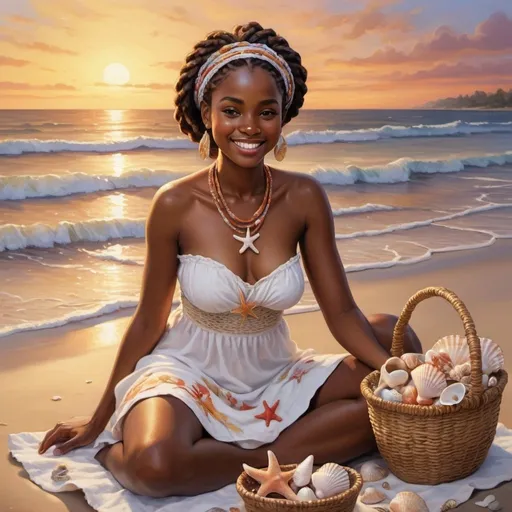 Prompt: 4k glossy oil painting: African American beach collector (dark skin), a radiant smile, gathers seashells in a woven basket at dusk. Braids adorned with starfish charms. Flowing white sundress. Delicate gold necklace with tiny shell. Barefoot in warm sand. Beach bathed in fiery light, waves lap at shore. Beach adorned with colorful towels, seashells.
