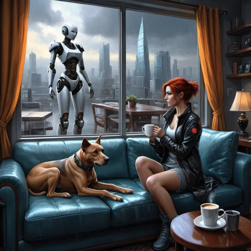 Prompt: a painting of a woman sitting on a couch with a dog and a cup of coffee in front of a window, Anne Stokes, computer art, highly detailed digital painting, cyberpunk art, it's a rainy day outside the window, the dog it's a robotic companion, the woman's clothing it's futuristic,the window view to a futuristic cityscape