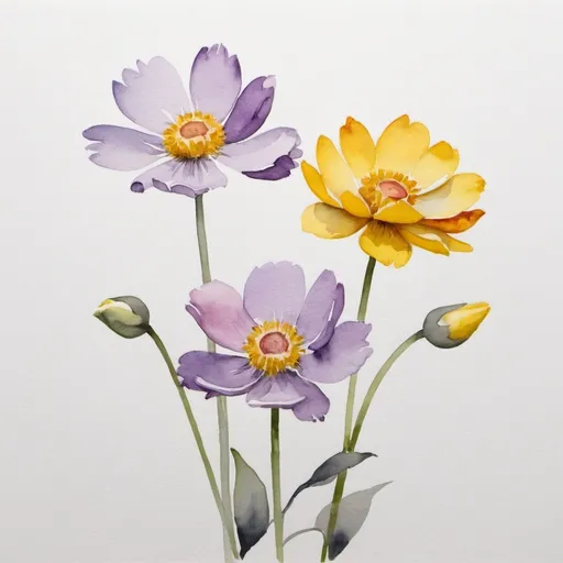 Prompt: PROMPT: Watercolor painting of three flowers. The flowers are in various stages of bloom, with the yellow one appearing fully open, while the other two are more closed. The stems are a soft gray, and the background is a light purple that transitions to a white on the right side, dark gray letters above the flowers