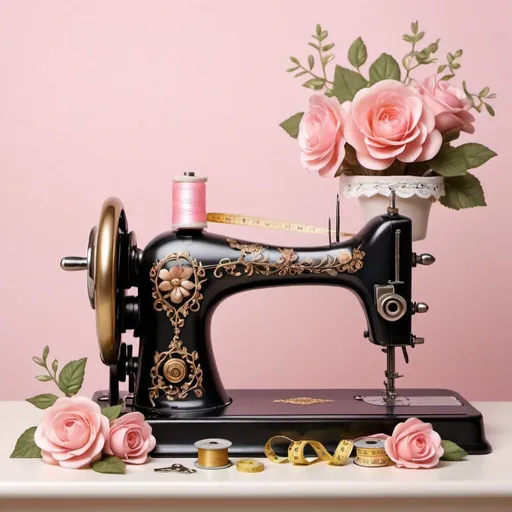 Prompt: Prompt:
Create a 3d image contains a vintage sewing machine with black and gold accents. The machine is decorated with flowers and vines, and a spool of thread is on the needle. The machine is sitting on a table with two pairs of scissors and a tape measure on the table. The background is a pink gradient, and the image has a soft, romantic feel to it and the name ERIKA , spelling correctly over the sewing machine and with some lace details to the sewing machine.