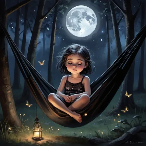 Prompt: a painting of a little girl sitting in a hammock with her eyes open and her hair tied back, gothic art, grunge, a fine art painting, Pixar style ,her expression to be serene and dreamy,moonlit night scene,glowing fireflies around the hammock