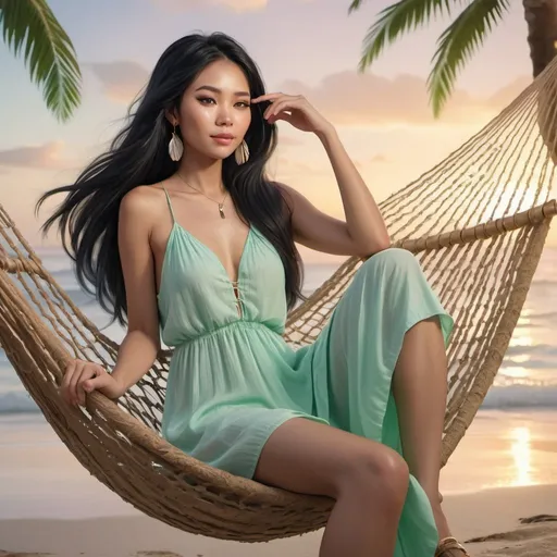 Prompt: 4k digital oil painting of a a digital scene featuring a relaxed beautiful Asian woman with long black straight hair, wearing a flowy mint green sundress and sandals. She lounges in a hammock strung between two palm trees on a tropical beach at sunset. Her pose radiates tranquility, one hand behind her head and the other holding a tropical drink. Her makeup highlights glossy lips, fluttering eyelashes, and accessorized with hoop earrings and a shell necklace.Full body view.