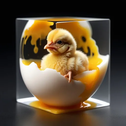 Prompt: a baby chicken in the center of egg yolk inspired resin cube. hyper realistic high definition 4k 8k 16k realism optimal imaging optimal definition.