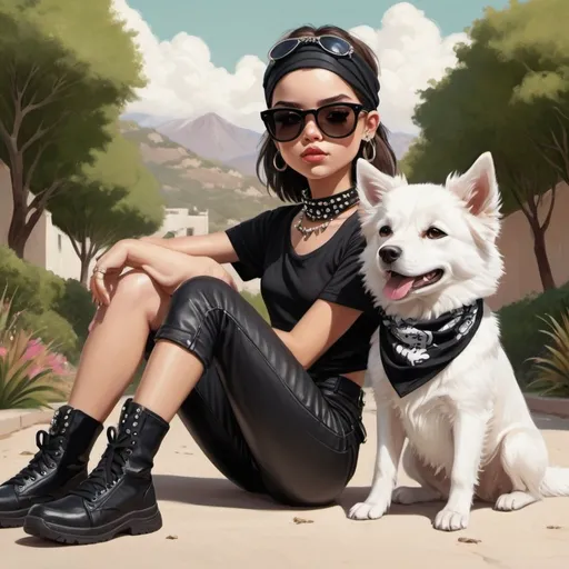 Prompt: This image depicts an illustrated character, a young girl with a distinctively edgy and fashionable style. She's wearing large, embellished sunglasses, a black outfit with what appears to be leather and studs, and a bandana tied on her head. Her pose is playful and sassy, with one leg raised and her chin resting on her hand. Beside her is a fluffy white dog, which adds a cute and soft contrast to her bold style. The background suggests a lush, green outdoor setting, enhancing the overall whimsical and stylish theme of the artwork. This piece blends elements of fashion, attitude, and a touch of nature, creating a visually striking image.