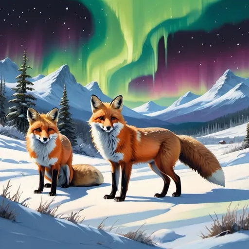 Prompt: Paint a winter landscape with a pack of foxes admiring the aurora borealis