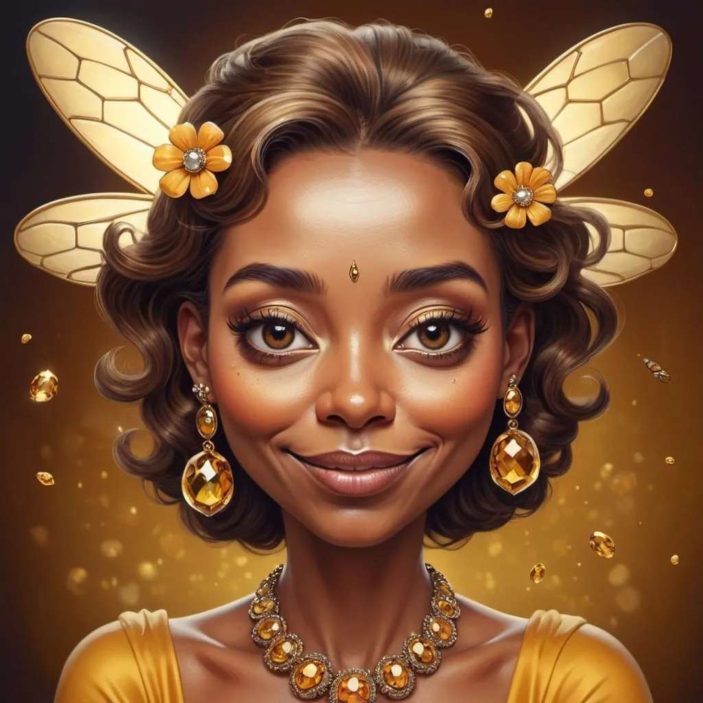 Prompt: Prompt: a piece of artwork that contains a cute caricature bee, a caricature lady, in their hair shiny jewelery, on their face some shiny little rustcolor gems, flowery detailed background, in the style of Richard avedon, powerful and emotive portraiture,  beautifull lighting, 8k resolution 